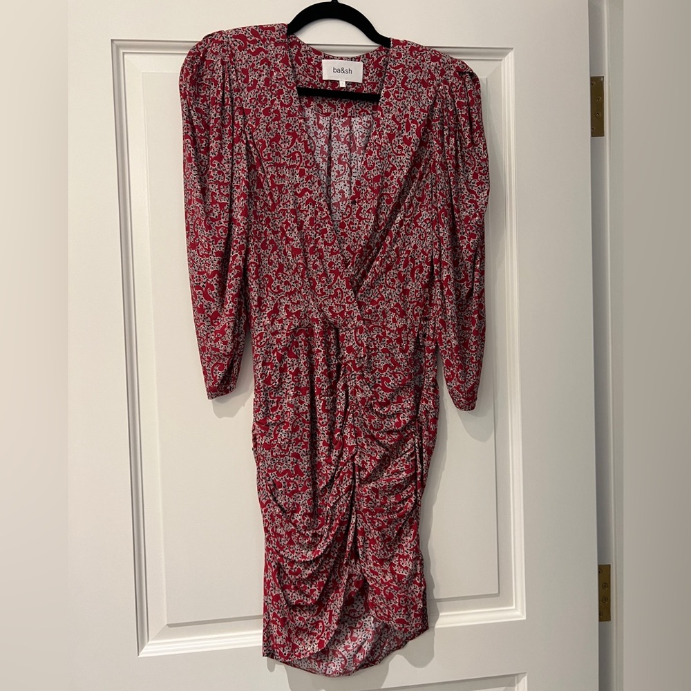 Ba&sh Crystal Ruched 3/4 Sleeve Red Floral Print Dress Sz 1